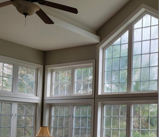 Fogged insulated glass in a great room before replacement